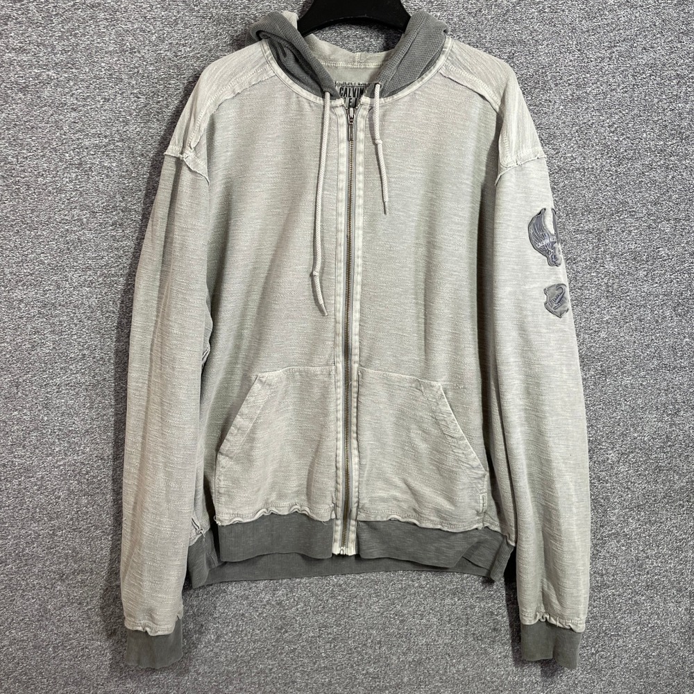 Calvin Klein Hoodie Mens‎ XL Grey Full Zip Distressed Waffle Hood Scorpion